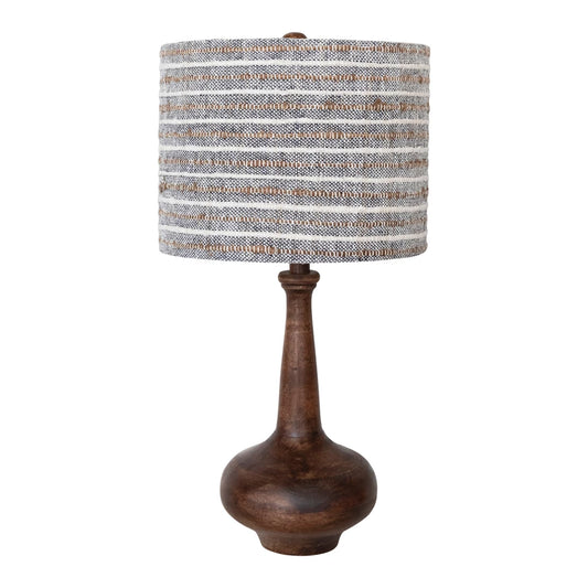Lampe de table en bois de manguier avec abat-jour rayé en coton tissé et lin - Collection Antique - #5923