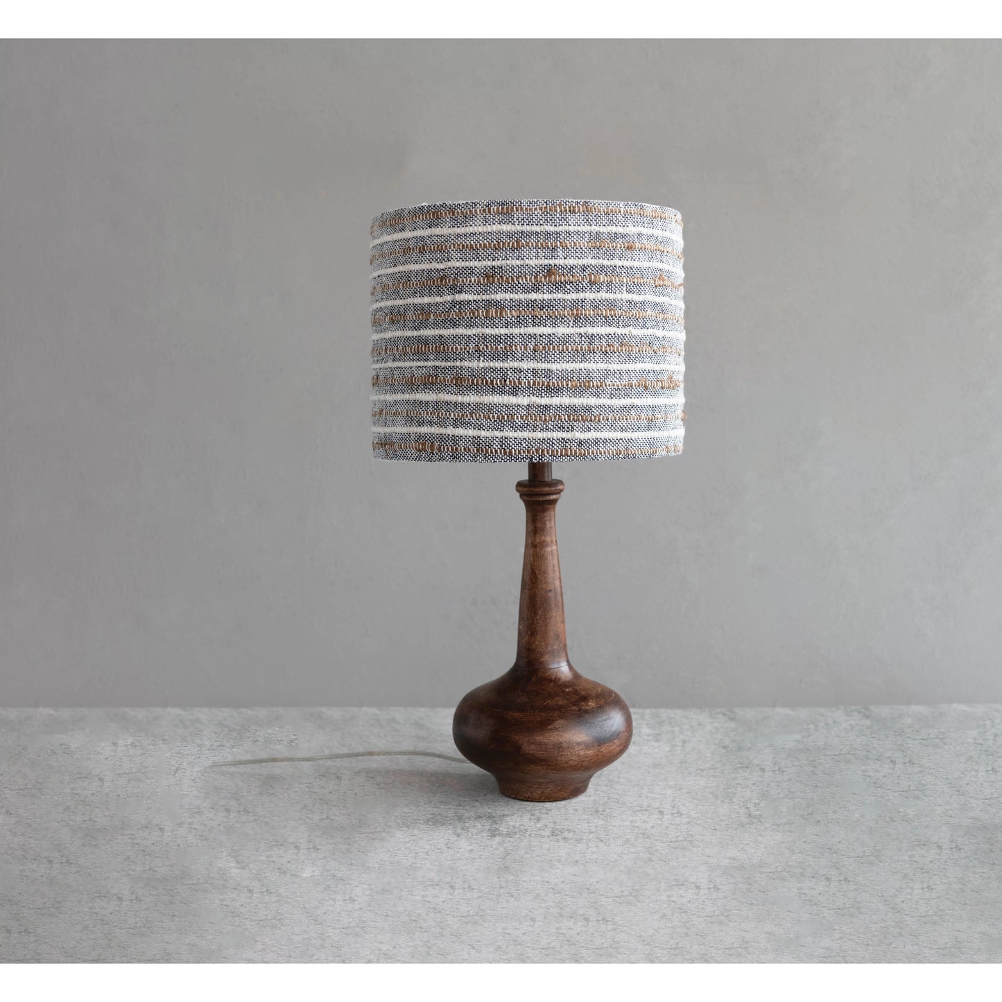 Lampe de table en bois de manguier avec abat-jour rayé en coton tissé et lin - Collection Antique - #5923