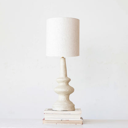 Lampe de table en papier mâché faite à la main avec abat-jour en coton - Collection Japandi - #8981