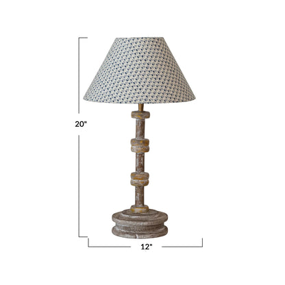 Lampe de table à bobine de bois avec abat-jour en coton à motifs bleu - Collection Antique - #8983
