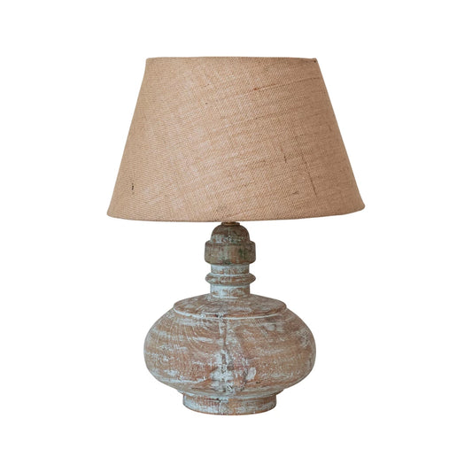 Lampe de table en bois récupéré avec abat-jour en coton - Collection Terra - #8987