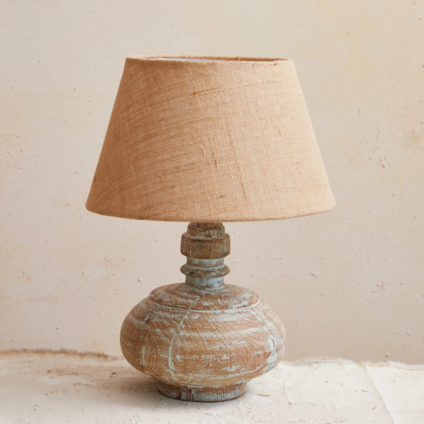 Lampe de table en bois récupéré avec abat-jour en coton - Collection Terra - #8987