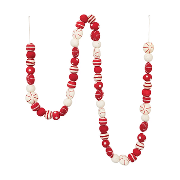 Handmade wool felt ball garland 72" long, red and cream white color