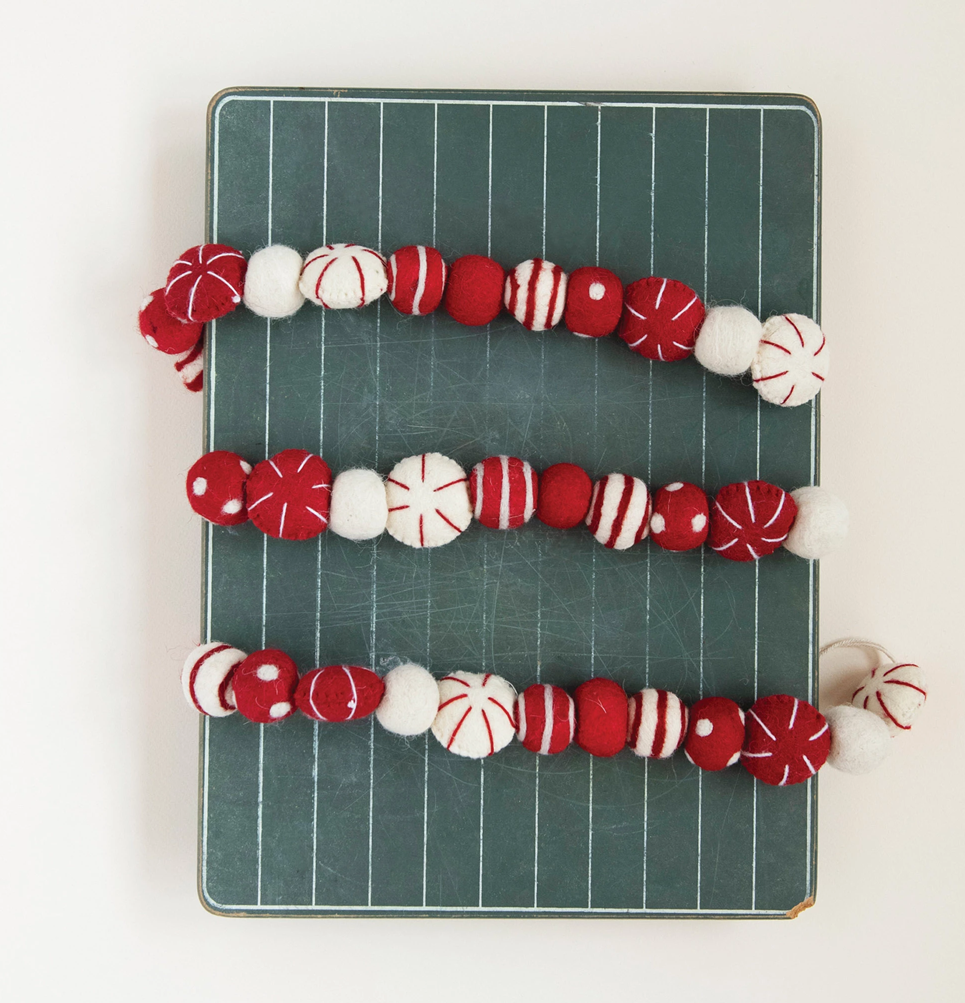 Handmade wool felt ball garland 72" long, red and cream white color