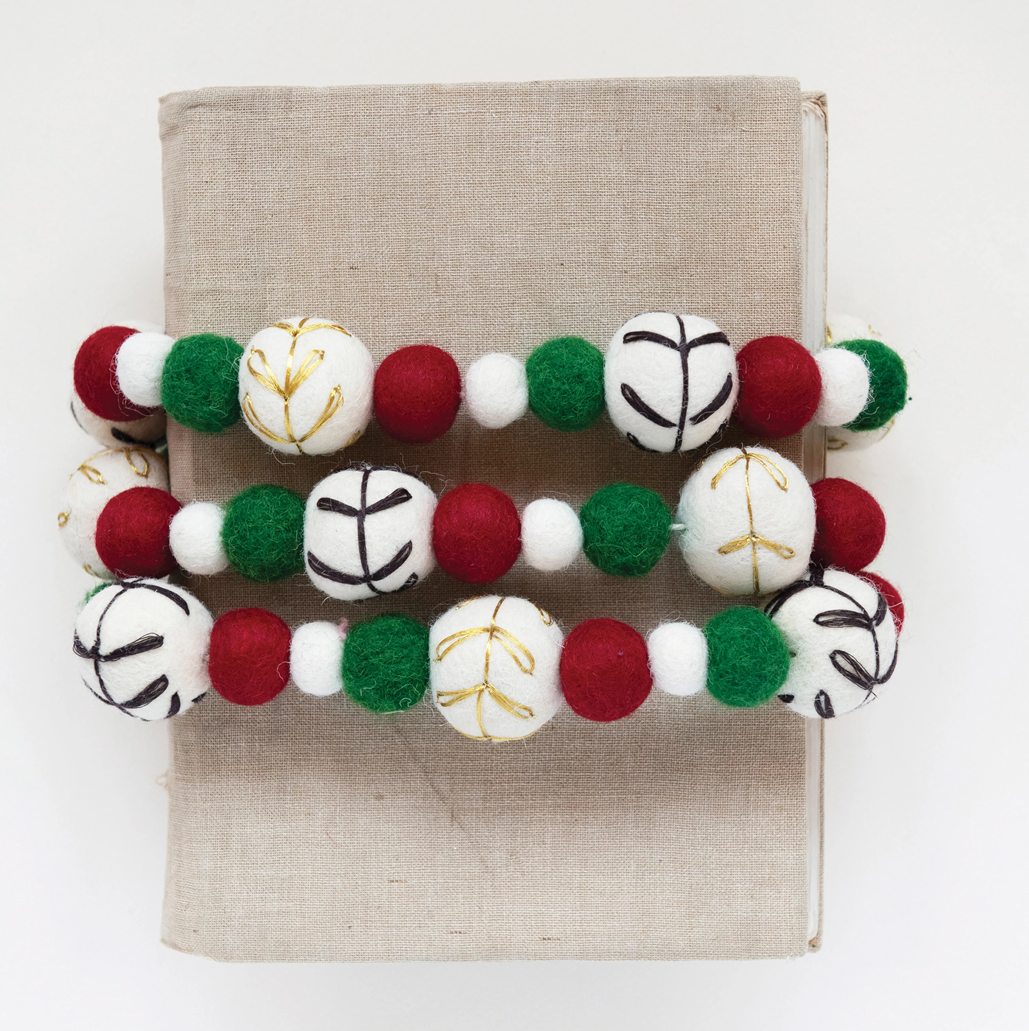 Handmade wool felt ball garland 72" long, red, green and white color