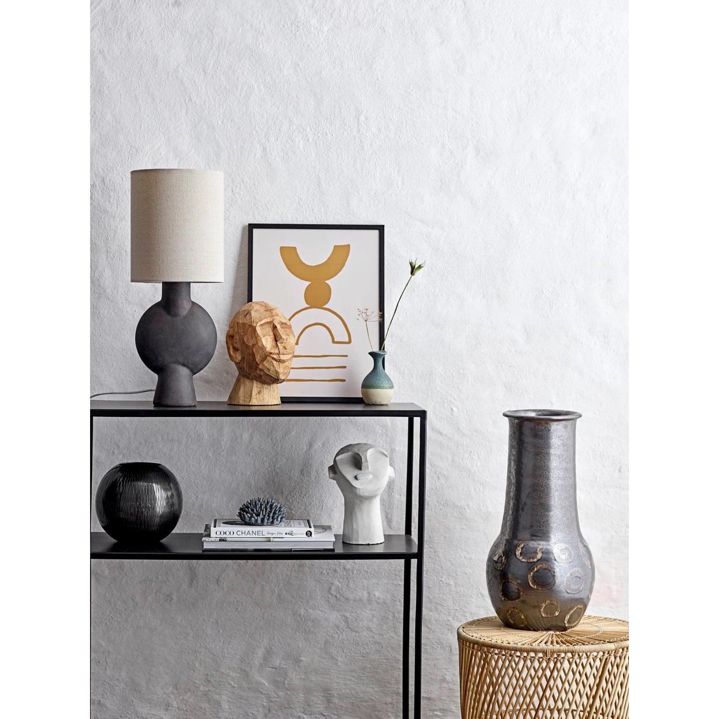 Black terracotta table lamp with linen shade - Japandi Collection - #1220