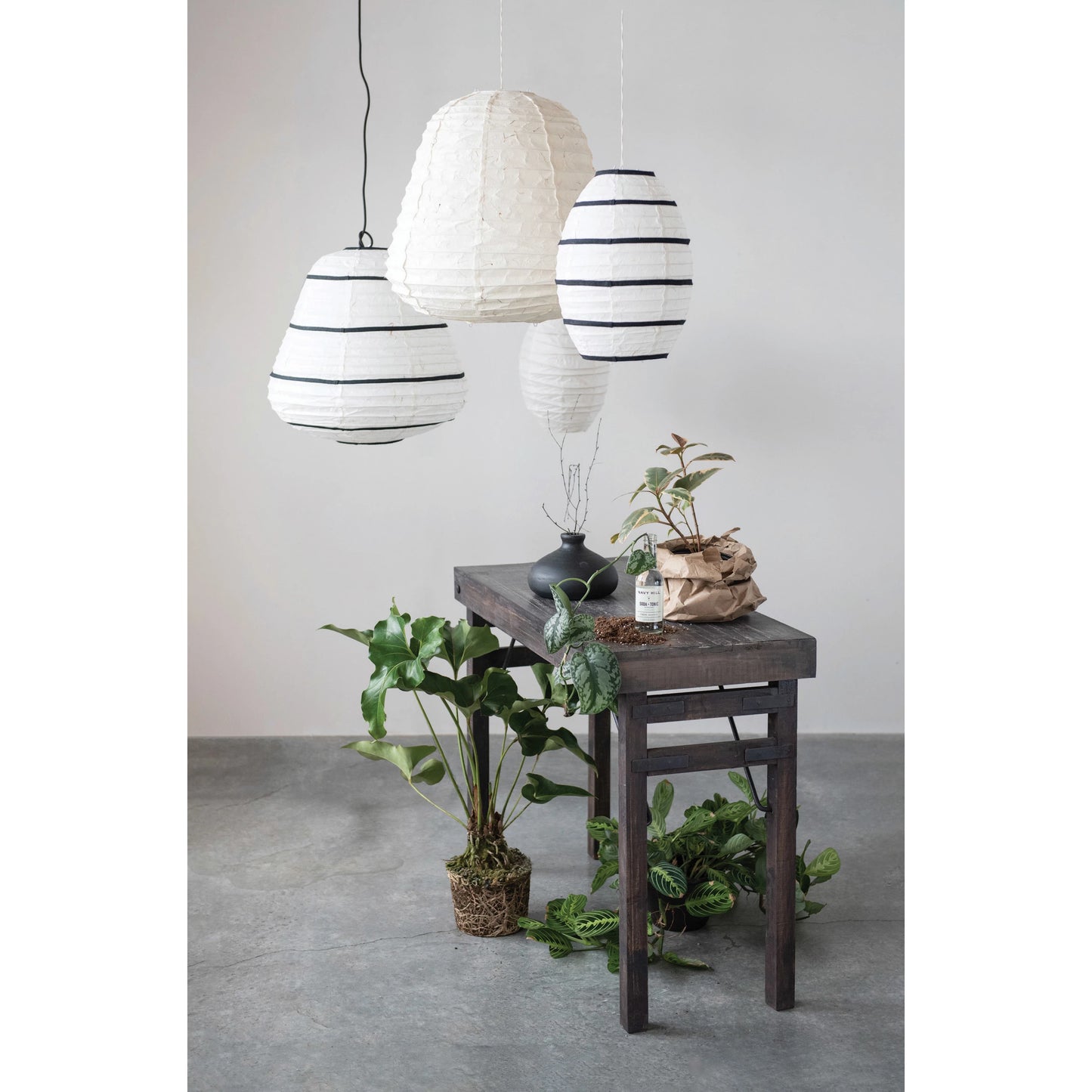Handmade Paper Lantern Pendant Lamp with Fabric Stripes - Japandi Collection - #8981