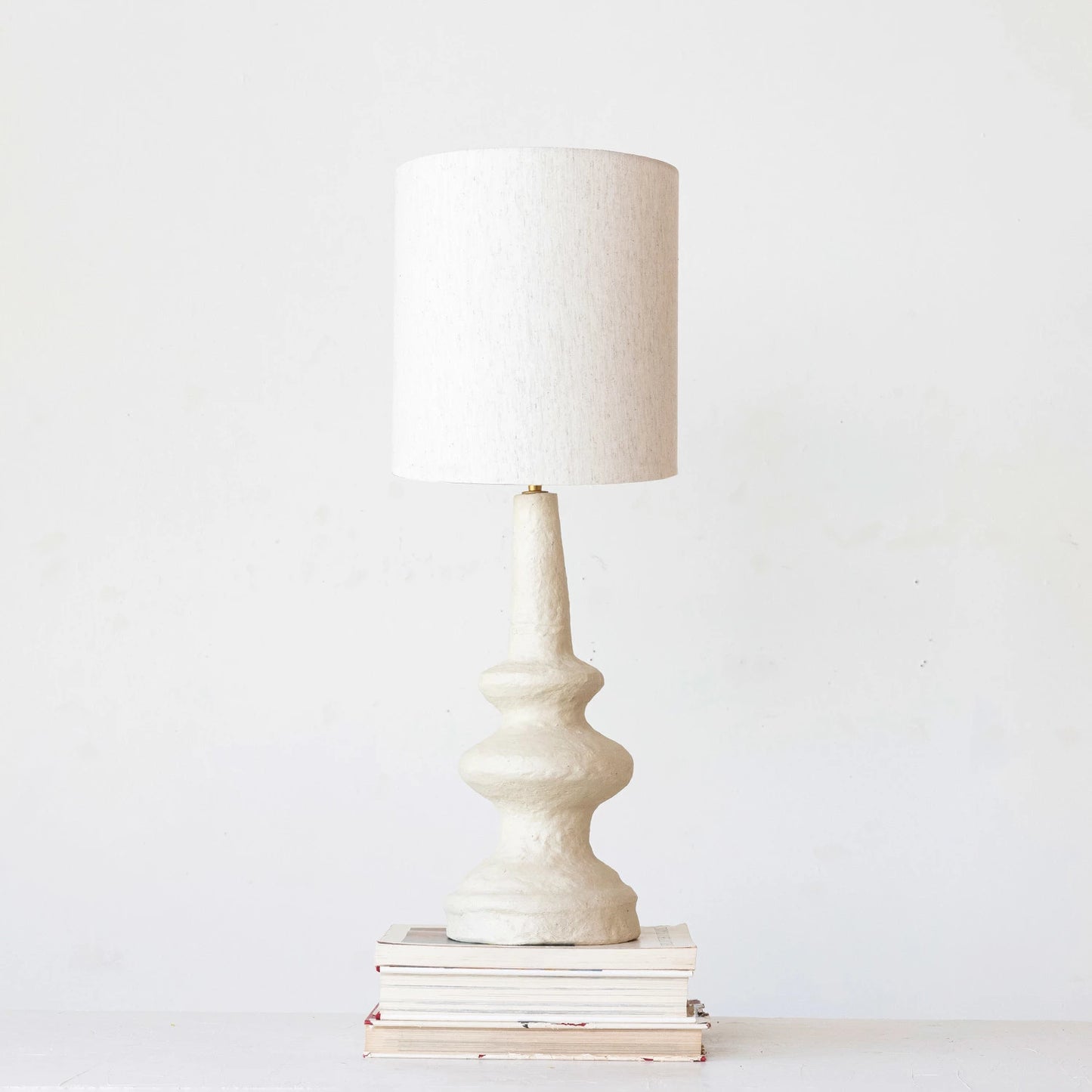 Handmade Paper Mache Table Lamp with Cotton Shade - Japandi Collection - #8981