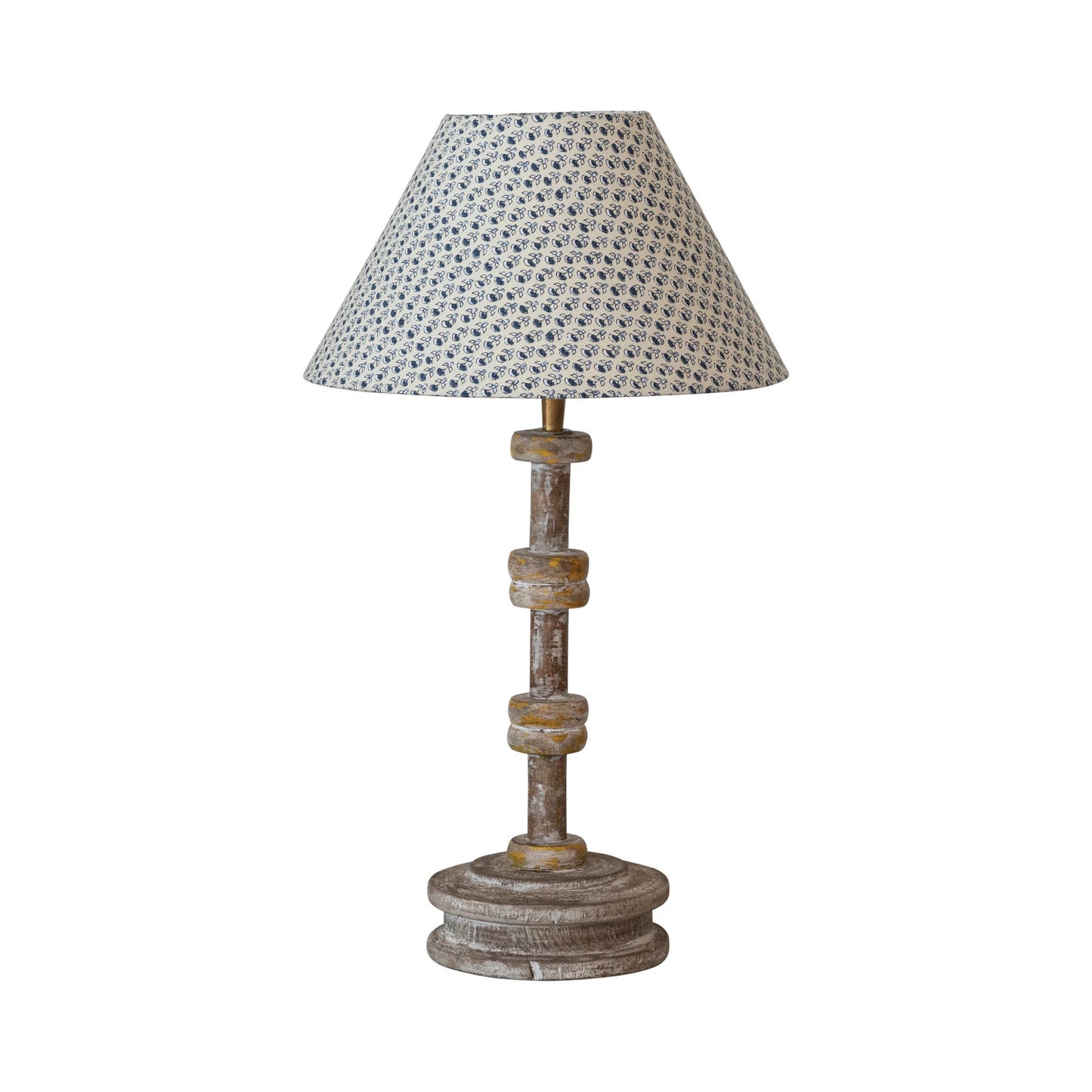 Wood Spool Table Lamp with Blue Patterned Cotton Shade - Antique Collection - #8983