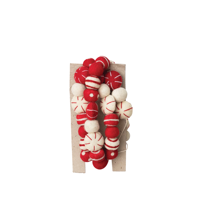 Guirlande de boules en feutre de laine faite à la main de 72 po de longueur, couleur rouge et blanc crème
