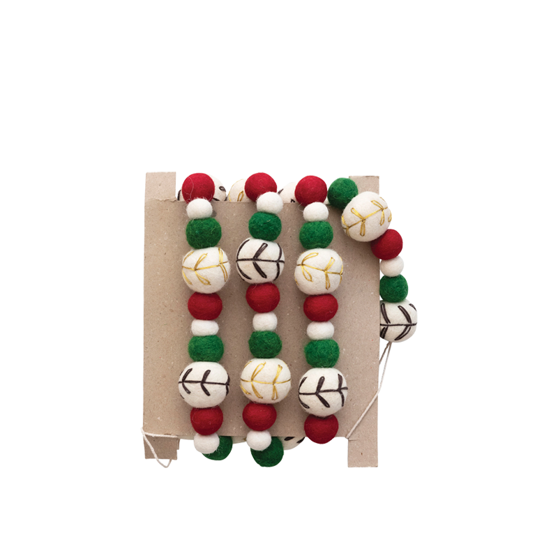 Guirlande de boules en feutre de laine faite à la main de 72 po de longueur, couleur rouge, vert et blanc