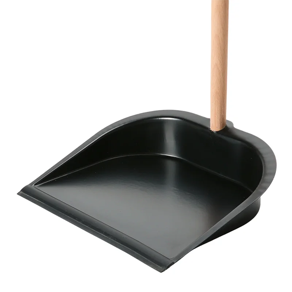 Standing broom and dust pan, in wood and metal, set of 2