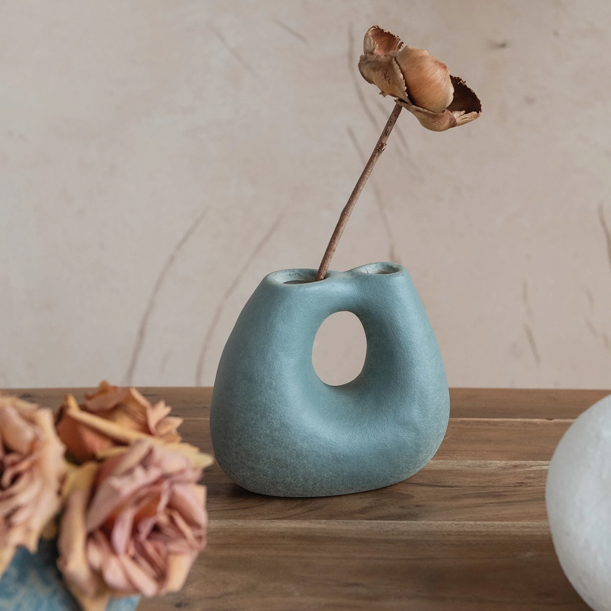 Terracotta vase with two openings, matte teal